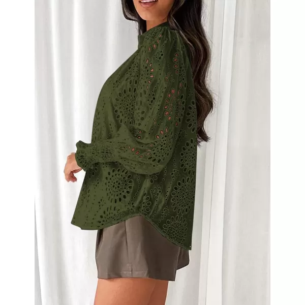PRETTYGARDEN Womens Fall Button Down Shirts Dressy Casual Long Puff Sleeve Eyelet Loose Fit Collared Blouse TopArmy Green