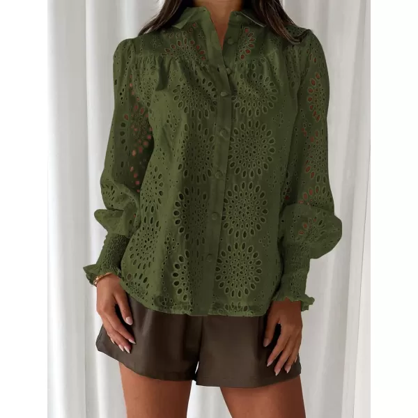 PRETTYGARDEN Womens Fall Button Down Shirts Dressy Casual Long Puff Sleeve Eyelet Loose Fit Collared Blouse TopArmy Green