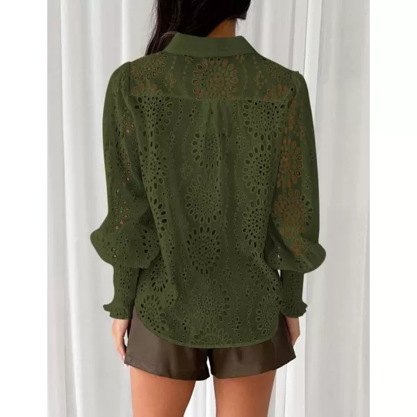 PRETTYGARDEN Womens Fall Button Down Shirts Dressy Casual Long Puff Sleeve Eyelet Loose Fit Collared Blouse TopArmy Green