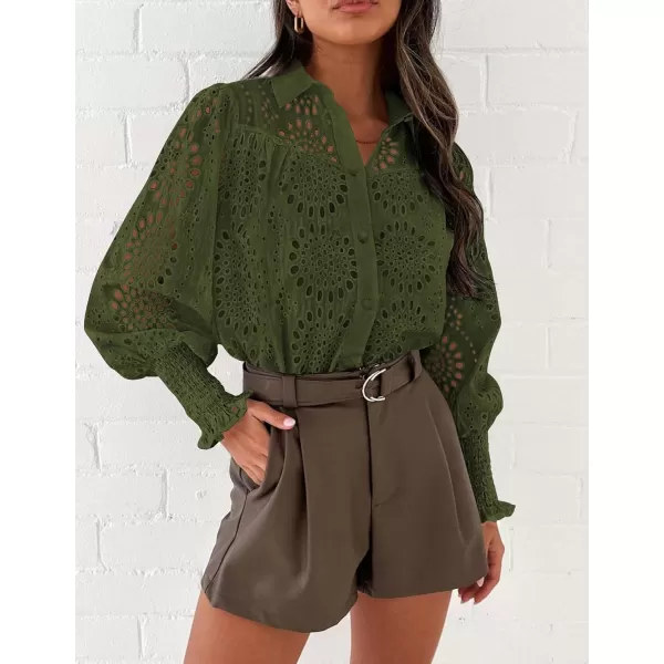 PRETTYGARDEN Womens Fall Button Down Shirts Dressy Casual Long Puff Sleeve Eyelet Loose Fit Collared Blouse TopArmy Green