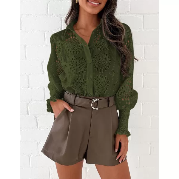 PRETTYGARDEN Womens Fall Button Down Shirts Dressy Casual Long Puff Sleeve Eyelet Loose Fit Collared Blouse TopArmy Green