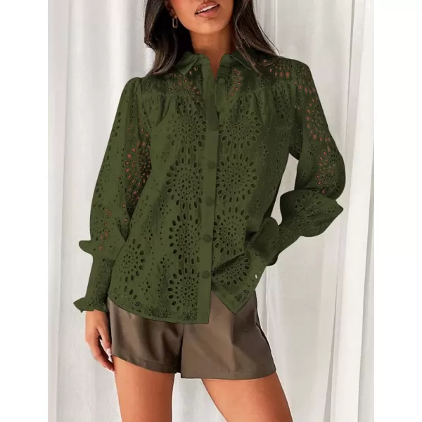 PRETTYGARDEN Womens Fall Button Down Shirts Dressy Casual Long Puff Sleeve Eyelet Loose Fit Collared Blouse TopArmy Green