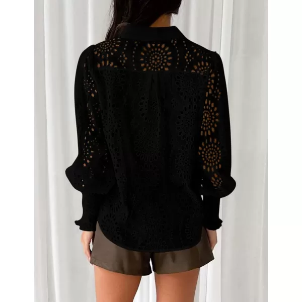 PRETTYGARDEN Womens Fall Button Down Shirts Dressy Casual Long Puff Sleeve Eyelet Loose Fit Collared Blouse TopBlack