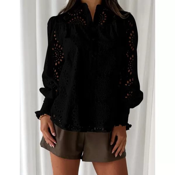 PRETTYGARDEN Womens Fall Button Down Shirts Dressy Casual Long Puff Sleeve Eyelet Loose Fit Collared Blouse TopBlack