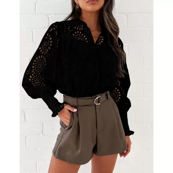 PRETTYGARDEN Womens Fall Button Down Shirts Dressy Casual Long Puff Sleeve Eyelet Loose Fit Collared Blouse TopBlack