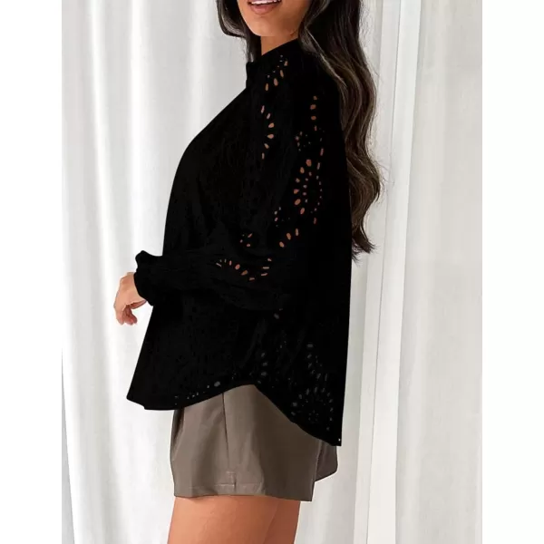 PRETTYGARDEN Womens Fall Button Down Shirts Dressy Casual Long Puff Sleeve Eyelet Loose Fit Collared Blouse TopBlack