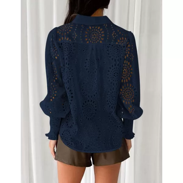PRETTYGARDEN Womens Fall Button Down Shirts Dressy Casual Long Puff Sleeve Eyelet Loose Fit Collared Blouse TopNavy