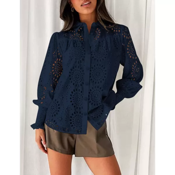 PRETTYGARDEN Womens Fall Button Down Shirts Dressy Casual Long Puff Sleeve Eyelet Loose Fit Collared Blouse TopNavy