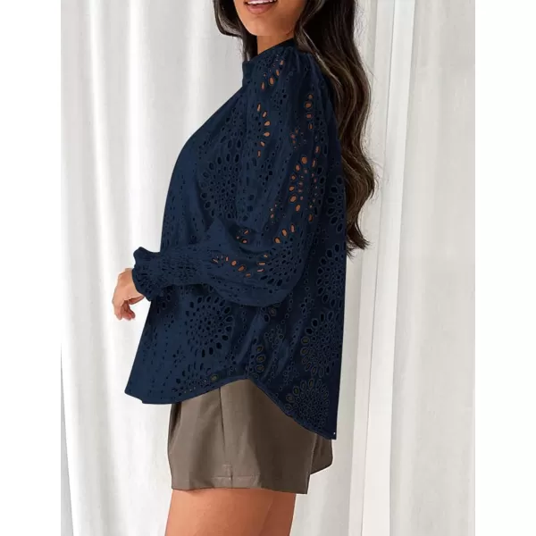 PRETTYGARDEN Womens Fall Button Down Shirts Dressy Casual Long Puff Sleeve Eyelet Loose Fit Collared Blouse TopNavy