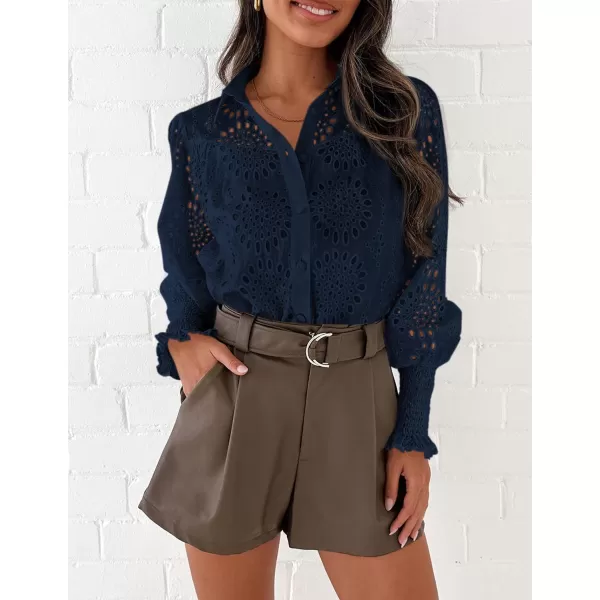 PRETTYGARDEN Womens Fall Button Down Shirts Dressy Casual Long Puff Sleeve Eyelet Loose Fit Collared Blouse TopNavy