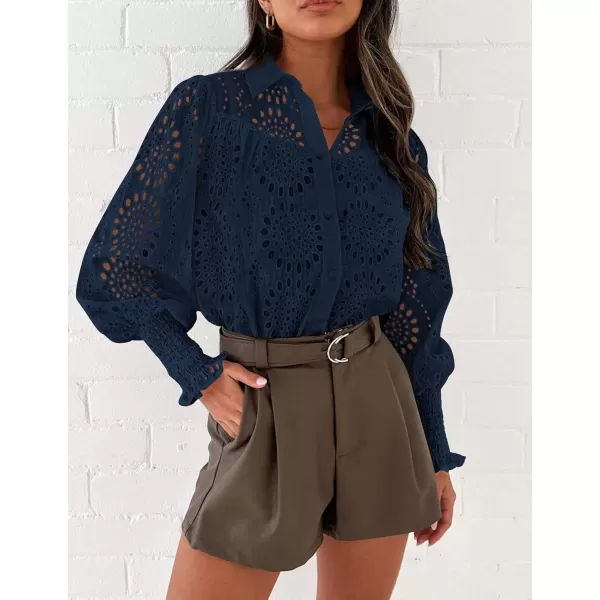 PRETTYGARDEN Womens Fall Button Down Shirts Dressy Casual Long Puff Sleeve Eyelet Loose Fit Collared Blouse TopNavy