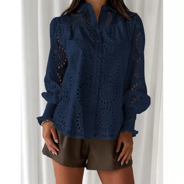 PRETTYGARDEN Womens Fall Button Down Shirts Dressy Casual Long Puff Sleeve Eyelet Loose Fit Collared Blouse TopNavy