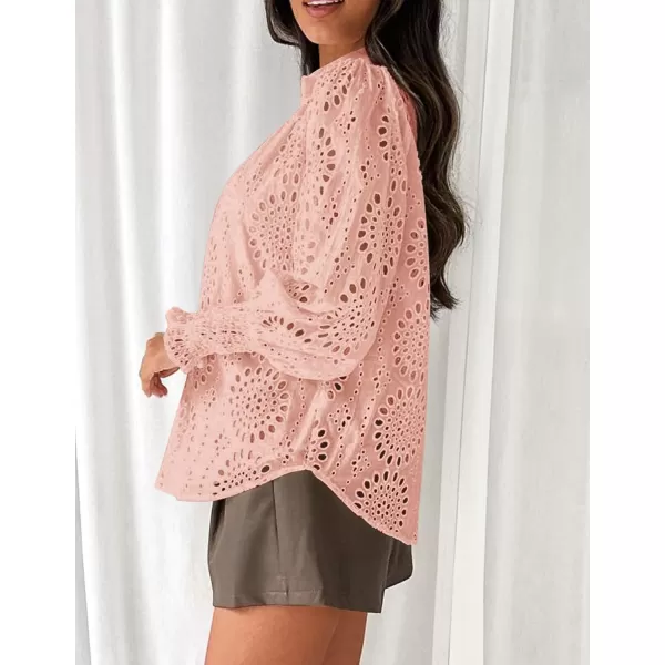PRETTYGARDEN Womens Fall Button Down Shirts Dressy Casual Long Puff Sleeve Eyelet Loose Fit Collared Blouse TopPink