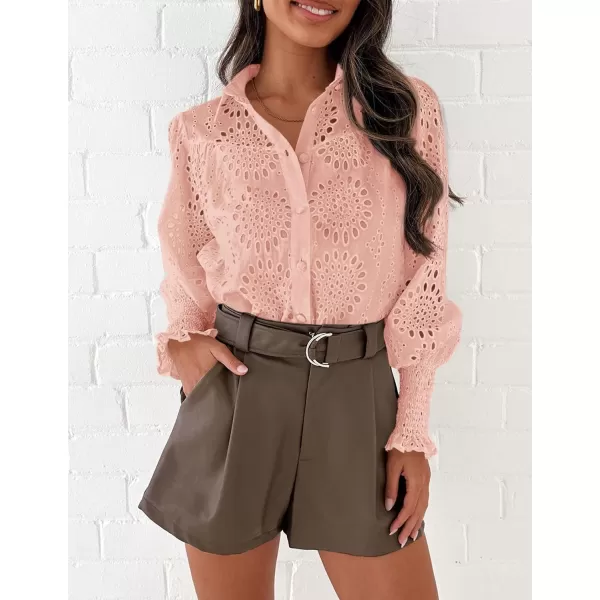 PRETTYGARDEN Womens Fall Button Down Shirts Dressy Casual Long Puff Sleeve Eyelet Loose Fit Collared Blouse TopPink