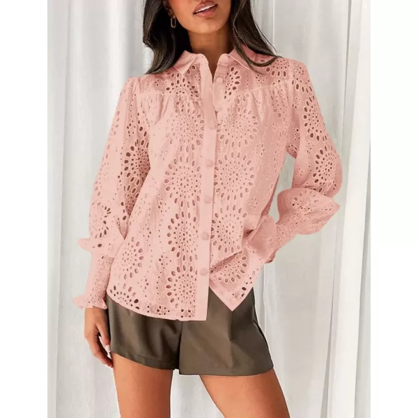 PRETTYGARDEN Womens Fall Button Down Shirts Dressy Casual Long Puff Sleeve Eyelet Loose Fit Collared Blouse TopPink