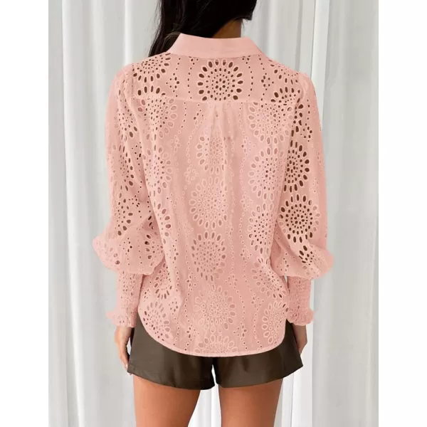 PRETTYGARDEN Womens Fall Button Down Shirts Dressy Casual Long Puff Sleeve Eyelet Loose Fit Collared Blouse TopPink