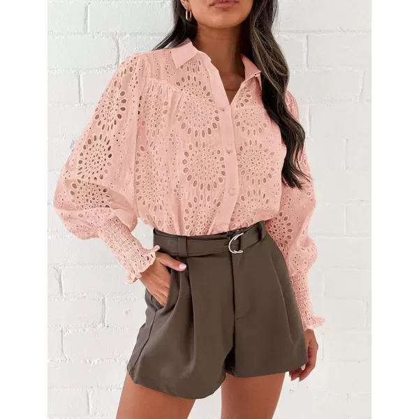 PRETTYGARDEN Womens Fall Button Down Shirts Dressy Casual Long Puff Sleeve Eyelet Loose Fit Collared Blouse TopPink