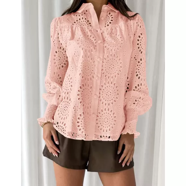 PRETTYGARDEN Womens Fall Button Down Shirts Dressy Casual Long Puff Sleeve Eyelet Loose Fit Collared Blouse TopPink