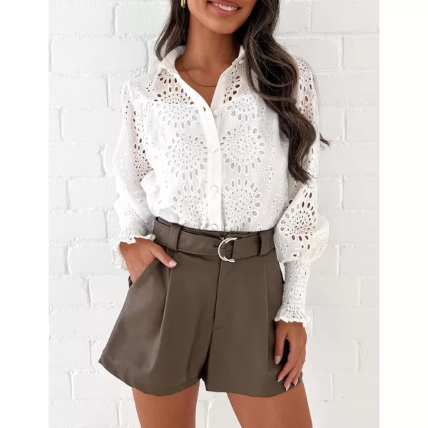PRETTYGARDEN Womens Fall Button Down Shirts Dressy Casual Long Puff Sleeve Eyelet Loose Fit Collared Blouse TopWhite