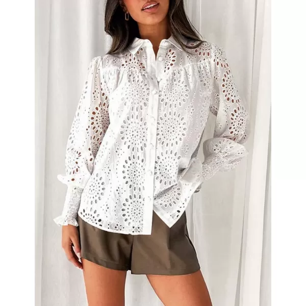 PRETTYGARDEN Womens Fall Button Down Shirts Dressy Casual Long Puff Sleeve Eyelet Loose Fit Collared Blouse TopWhite