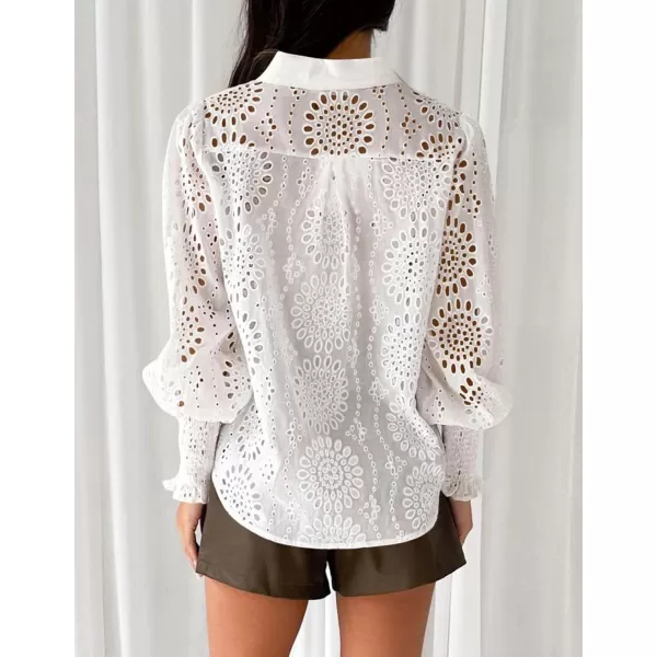 PRETTYGARDEN Womens Fall Button Down Shirts Dressy Casual Long Puff Sleeve Eyelet Loose Fit Collared Blouse TopWhite