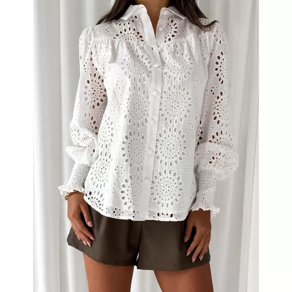 PRETTYGARDEN Womens Fall Button Down Shirts Dressy Casual Long Puff Sleeve Eyelet Loose Fit Collared Blouse TopWhite
