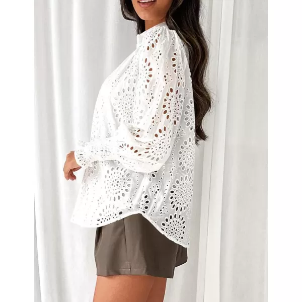PRETTYGARDEN Womens Fall Button Down Shirts Dressy Casual Long Puff Sleeve Eyelet Loose Fit Collared Blouse TopWhite