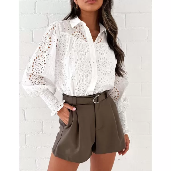 PRETTYGARDEN Womens Fall Button Down Shirts Dressy Casual Long Puff Sleeve Eyelet Loose Fit Collared Blouse TopWhite