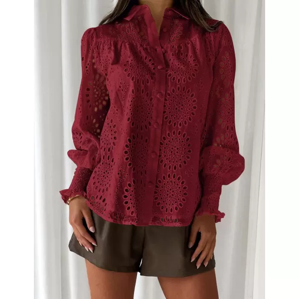 PRETTYGARDEN Womens Fall Button Down Shirts Dressy Casual Long Puff Sleeve Eyelet Loose Fit Collared Blouse TopWine Red