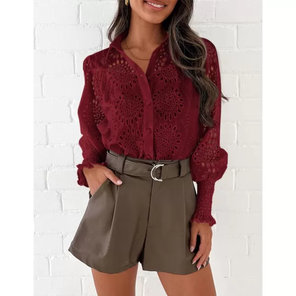PRETTYGARDEN Womens Fall Button Down Shirts Dressy Casual Long Puff Sleeve Eyelet Loose Fit Collared Blouse TopWine Red