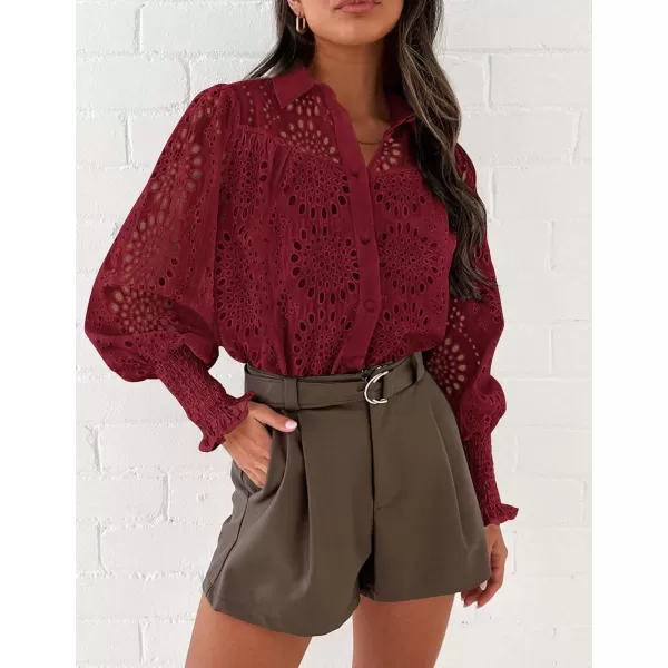 PRETTYGARDEN Womens Fall Button Down Shirts Dressy Casual Long Puff Sleeve Eyelet Loose Fit Collared Blouse TopWine Red