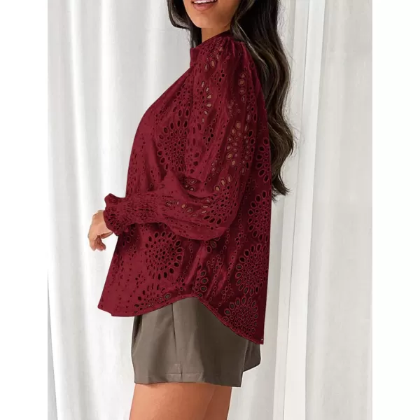 PRETTYGARDEN Womens Fall Button Down Shirts Dressy Casual Long Puff Sleeve Eyelet Loose Fit Collared Blouse TopWine Red