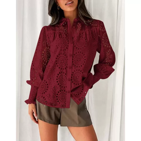 PRETTYGARDEN Womens Fall Button Down Shirts Dressy Casual Long Puff Sleeve Eyelet Loose Fit Collared Blouse TopWine Red