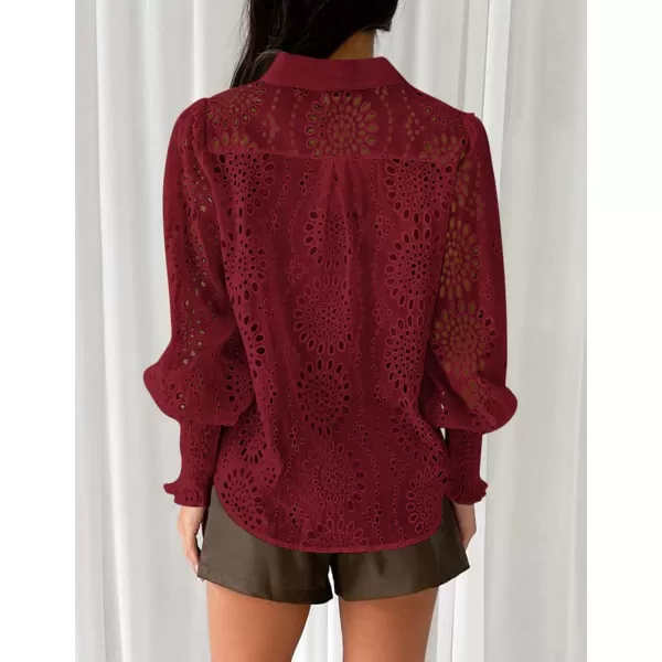 PRETTYGARDEN Womens Fall Button Down Shirts Dressy Casual Long Puff Sleeve Eyelet Loose Fit Collared Blouse TopWine Red