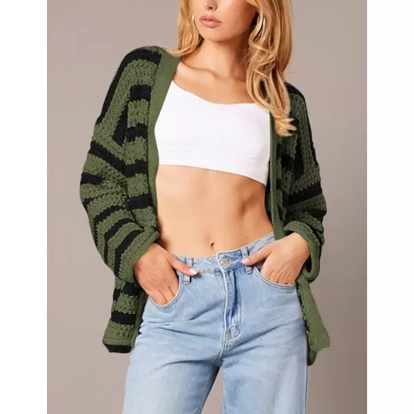 PRETTYGARDEN Womens Fall Striped Cardigan Sweaters Chunky Knit Long Sleeve Open Front Loose Fit Trendy Fashion OuterwearStriped Army Green Black