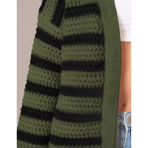 PRETTYGARDEN Womens Fall Striped Cardigan Sweaters Chunky Knit Long Sleeve Open Front Loose Fit Trendy Fashion OuterwearStriped Army Green Black