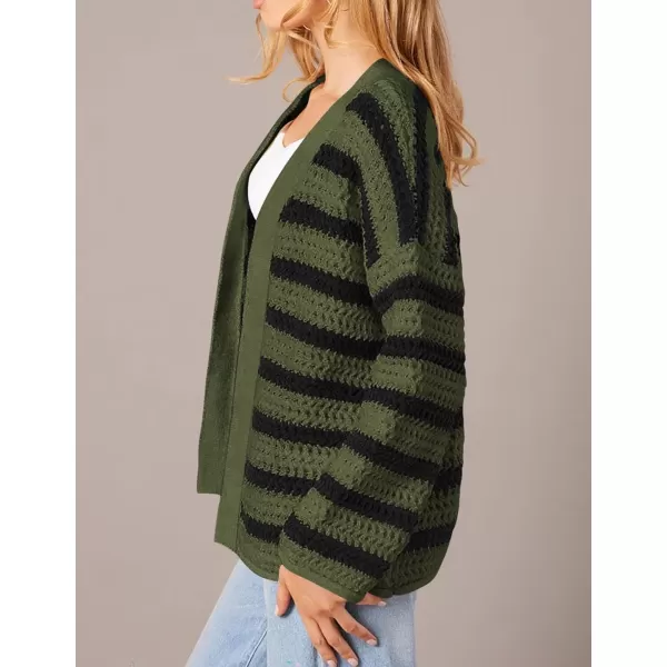 PRETTYGARDEN Womens Fall Striped Cardigan Sweaters Chunky Knit Long Sleeve Open Front Loose Fit Trendy Fashion OuterwearStriped Army Green Black