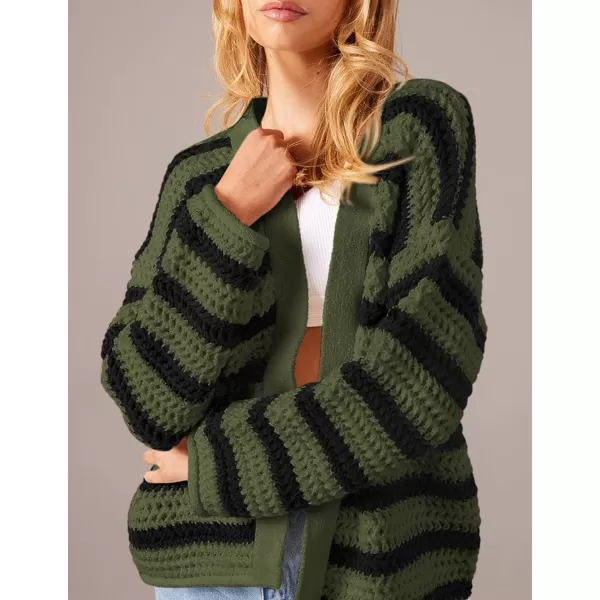 PRETTYGARDEN Womens Fall Striped Cardigan Sweaters Chunky Knit Long Sleeve Open Front Loose Fit Trendy Fashion OuterwearStriped Army Green Black