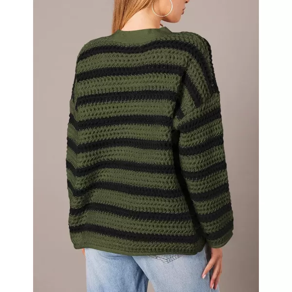 PRETTYGARDEN Womens Fall Striped Cardigan Sweaters Chunky Knit Long Sleeve Open Front Loose Fit Trendy Fashion OuterwearStriped Army Green Black