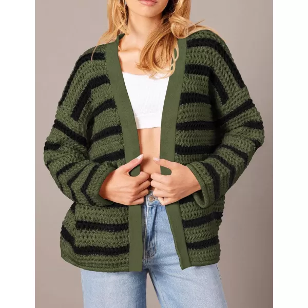 PRETTYGARDEN Womens Fall Striped Cardigan Sweaters Chunky Knit Long Sleeve Open Front Loose Fit Trendy Fashion OuterwearStriped Army Green Black