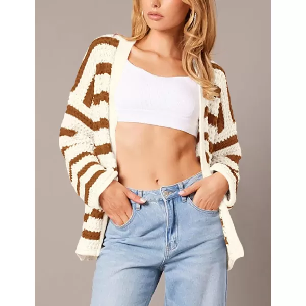 PRETTYGARDEN Womens Fall Striped Cardigan Sweaters Chunky Knit Long Sleeve Open Front Loose Fit Trendy Fashion OuterwearStriped Beige Brown