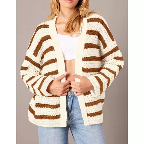 PRETTYGARDEN Womens Fall Striped Cardigan Sweaters Chunky Knit Long Sleeve Open Front Loose Fit Trendy Fashion OuterwearStriped Beige Brown