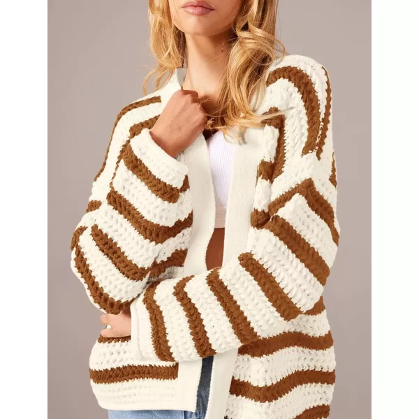 PRETTYGARDEN Womens Fall Striped Cardigan Sweaters Chunky Knit Long Sleeve Open Front Loose Fit Trendy Fashion OuterwearStriped Beige Brown