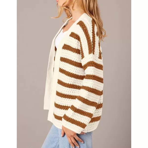 PRETTYGARDEN Womens Fall Striped Cardigan Sweaters Chunky Knit Long Sleeve Open Front Loose Fit Trendy Fashion OuterwearStriped Beige Brown