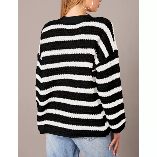 PRETTYGARDEN Womens Fall Striped Cardigan Sweaters Chunky Knit Long Sleeve Open Front Loose Fit Trendy Fashion OuterwearStriped Black White