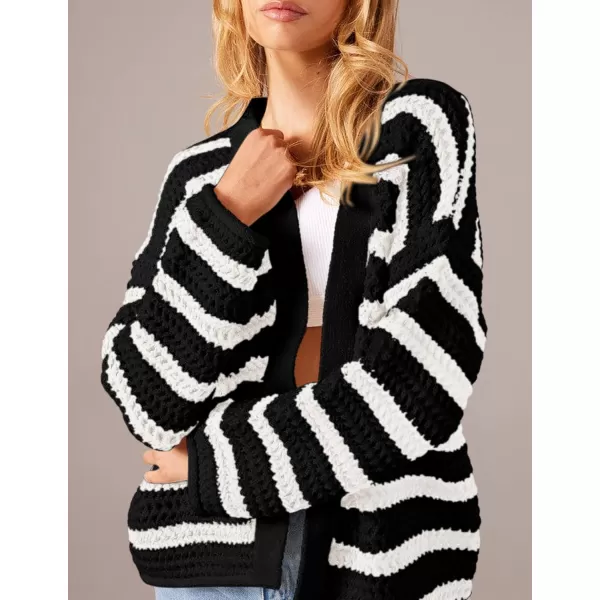 PRETTYGARDEN Womens Fall Striped Cardigan Sweaters Chunky Knit Long Sleeve Open Front Loose Fit Trendy Fashion OuterwearStriped Black White