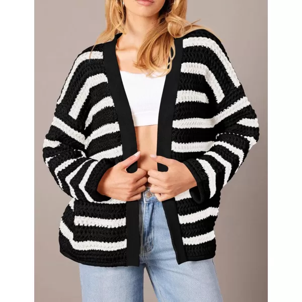 PRETTYGARDEN Womens Fall Striped Cardigan Sweaters Chunky Knit Long Sleeve Open Front Loose Fit Trendy Fashion OuterwearStriped Black White