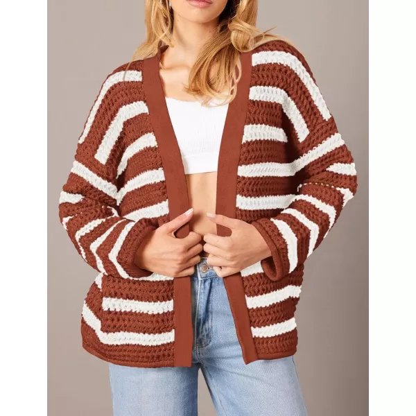 PRETTYGARDEN Womens Fall Striped Cardigan Sweaters Chunky Knit Long Sleeve Open Front Loose Fit Trendy Fashion OuterwearStriped Brick Red White