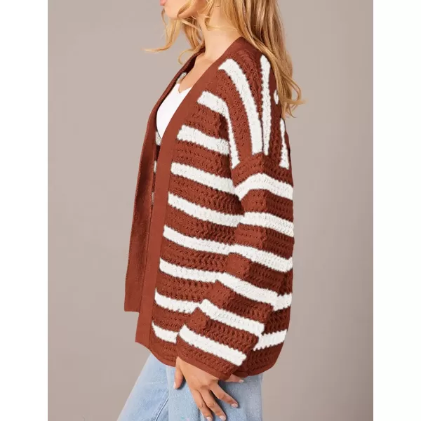 PRETTYGARDEN Womens Fall Striped Cardigan Sweaters Chunky Knit Long Sleeve Open Front Loose Fit Trendy Fashion OuterwearStriped Brick Red White