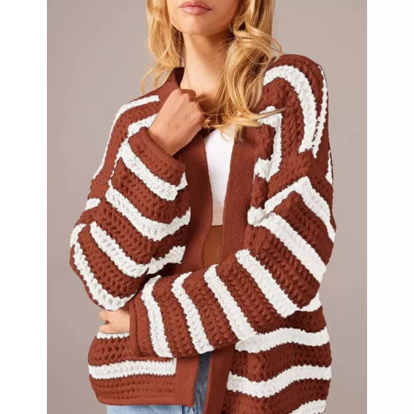 PRETTYGARDEN Womens Fall Striped Cardigan Sweaters Chunky Knit Long Sleeve Open Front Loose Fit Trendy Fashion OuterwearStriped Brick Red White